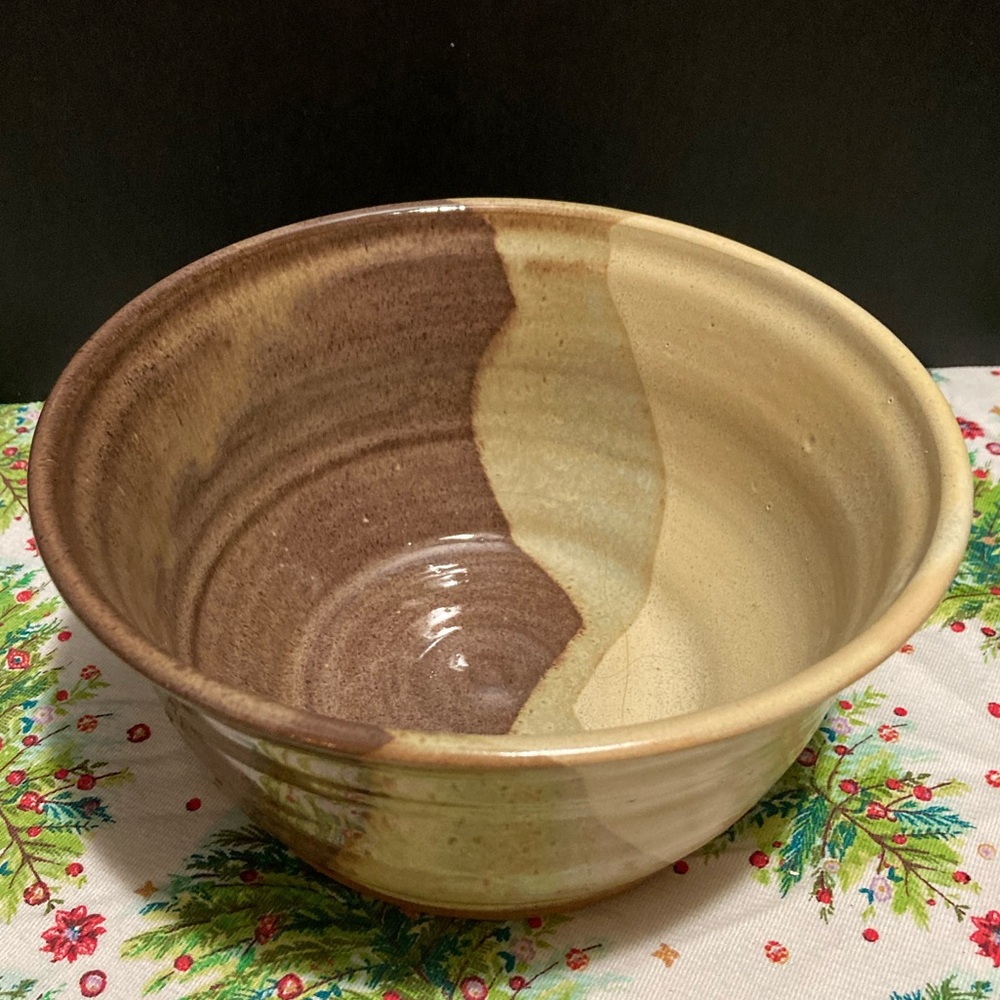 POTTERY CROCKERY BOWL - HAND THROWN SPUN - Green Brown Cream Colored - SIGNED